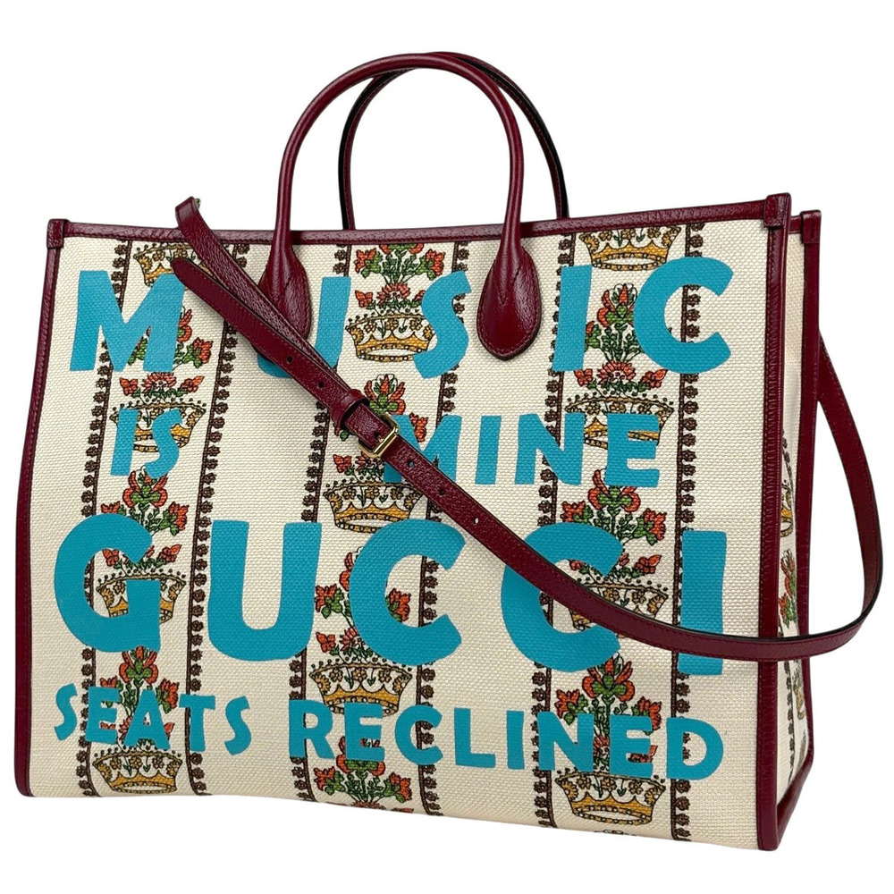 Gucci Tote Bag Handbag Shoulder Canvas Beige Cream Red Multicolor